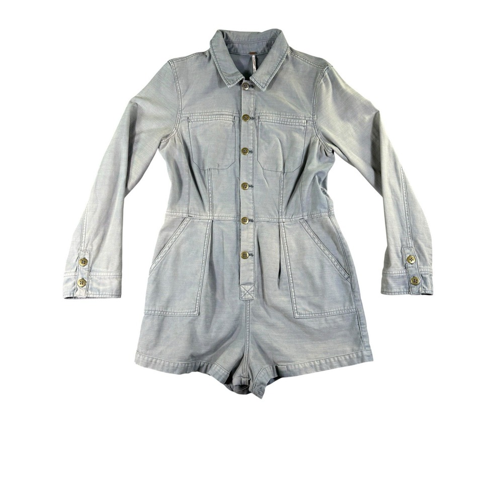 Free People Long Sleeve Utility Style Grey Denim Romper Womens Size M